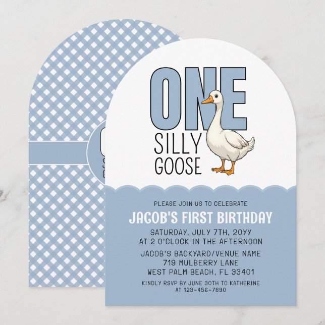 Modern Blue One Silly Goose 1st Birthday Party Einladung (Vorne/Hinten)