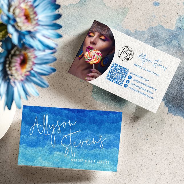 Modern Blue Paint Beauty Makeup Haar Logo qr Visitenkarte (Modern Blue Paint Beauty Makeup Hair logo qr Business Card)