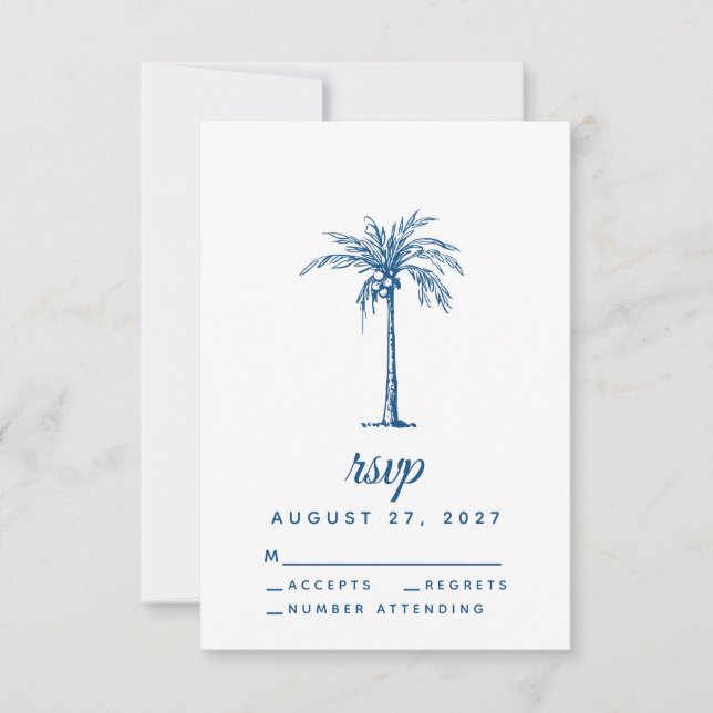 Modern Blue Palm Tropical Beach Wedding RSVP Karte (Vorderseite)