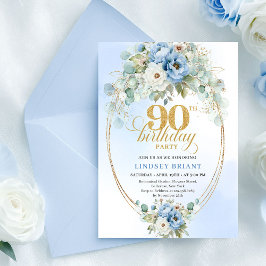 Modern Blue Peonies Greenery 90th Birthday Invite Einladung