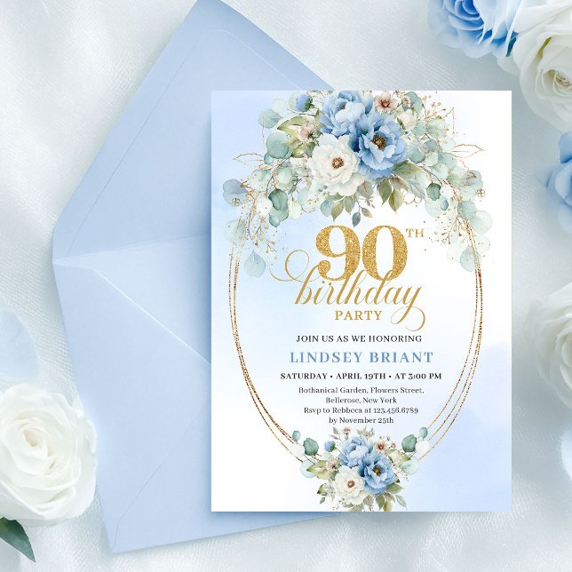 Modern Blue Peonies Greenery 90th Birthday Invite Einladung (Modern Blue Peonies Greenery 90th Birthday Invite

)