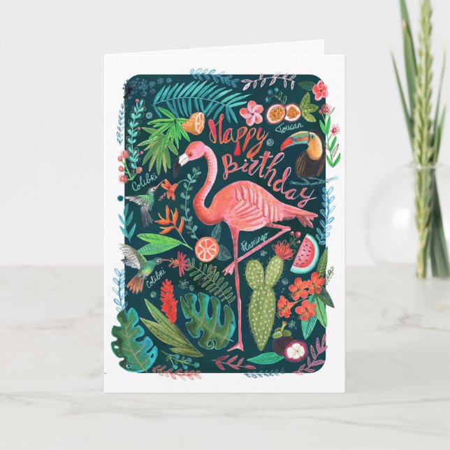 Modern Blue & Pink Flamingo bemalt Geburtstag Karte (Vorderseite)