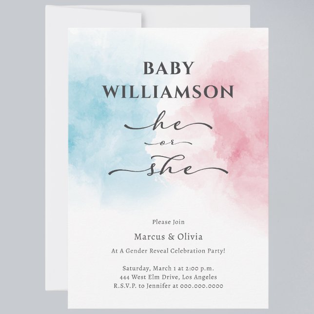 Modern Blue Pink He She Gender Offenbaren Party Einladung (Celebrate one of life's most exciting moments with our Gender Reveal Party Invitations. )