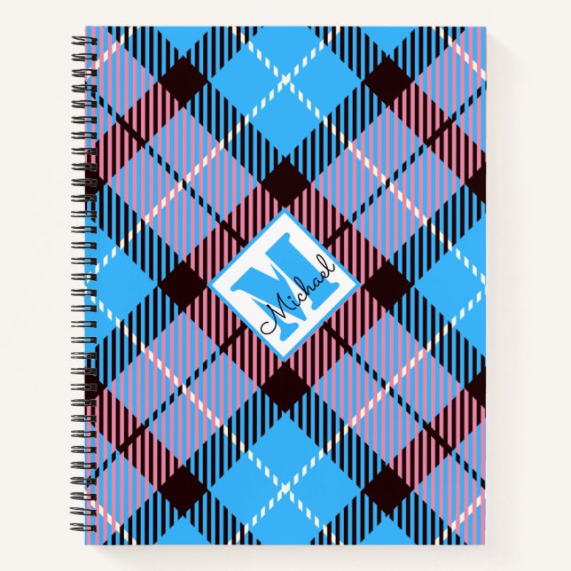 Modern Blue Pink Kariert Tartan Personalisiert Notizbuch (Vorderseite)