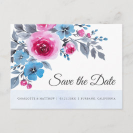 Modern Blue Pink Watercolor Floral Save the Date Ankündigungspostkarte