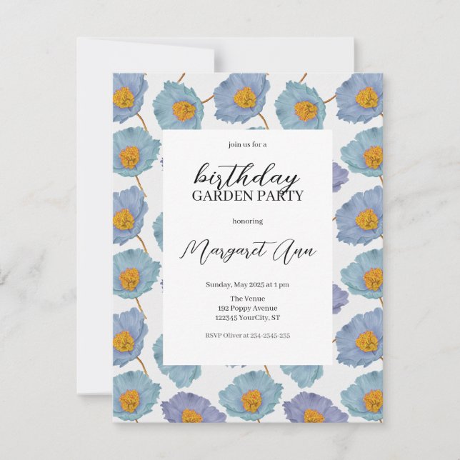 Modern Blue Poppy Floral Birthday Garden Party Einladung (Vorderseite)