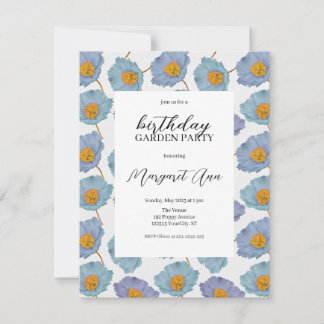 Modern Blue Poppy Floral Birthday Garden Party Einladung