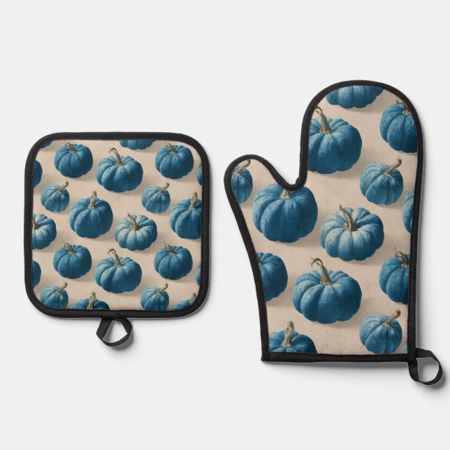 Modern Blue Pumpkin Fall Design Ofenhandschuh & Topflappen-Set (Vorderseite)