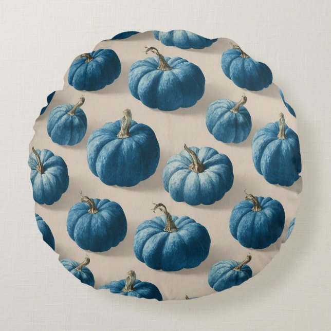 Modern Blue Pumpkin Fall Design Rundes Kissen (Vorderseite)