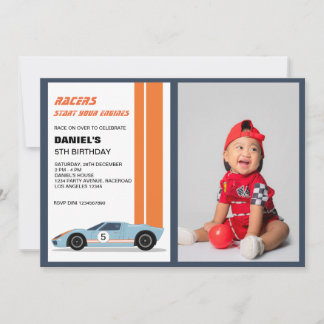Modern Blue Race Car Boy Birthday Foto Einladung