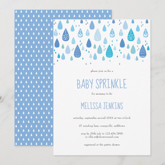 Modern Blue Raindrops Baby Boy Sprinkle / Dusche Einladung (Vorne/Hinten)