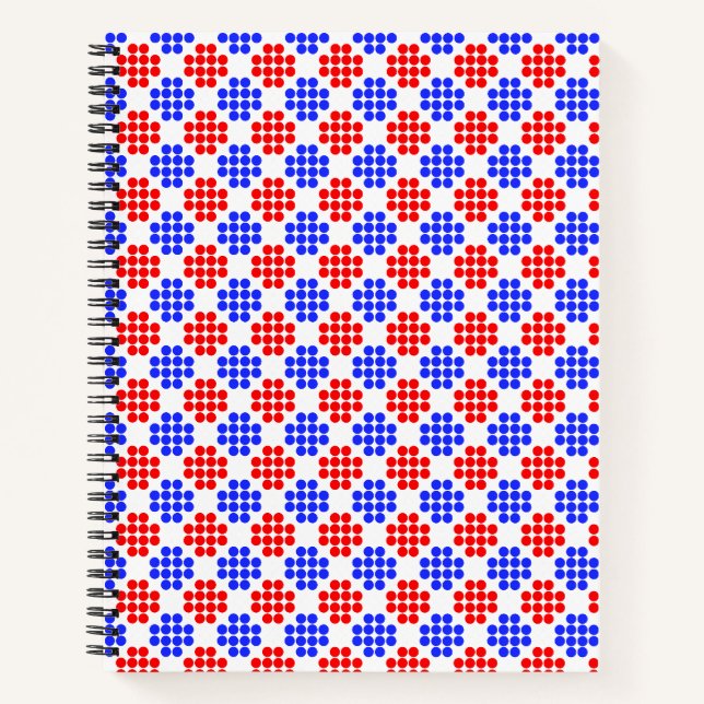 Modern Blue Red Dotted Diamonds on White Notizbuch (Vorderseite)