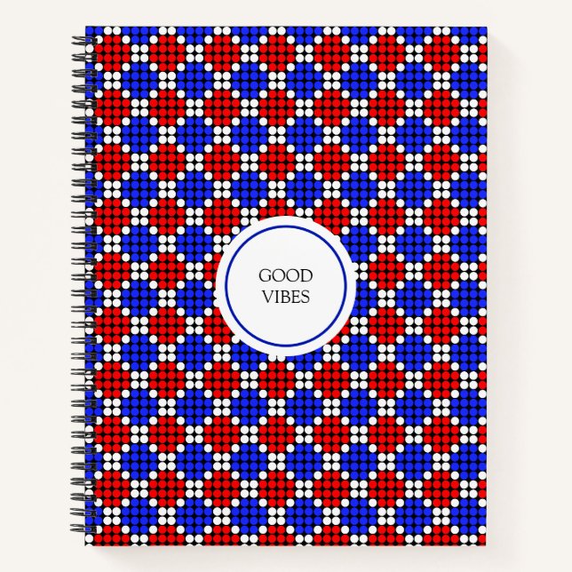 Modern Blue Red White Dotted Diamonds on Black Notizbuch (Vorderseite)
