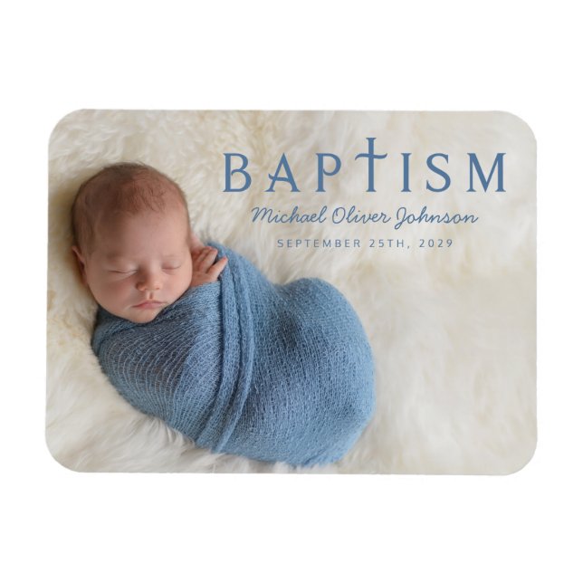 Modern Blue Religious Cross Boy Baptism Foto Magnet (Horizontal)