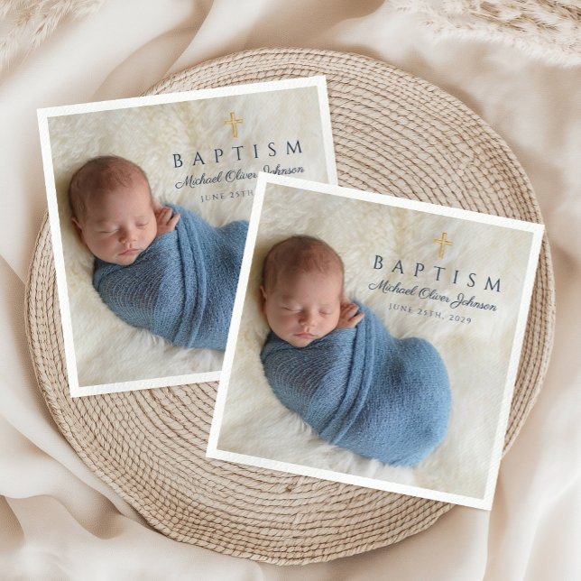 Modern Blue Religious Cross Boy Baptism Foto Serviette (Modern Blue Religious Cross Boy Baptism Photo Napkins)
