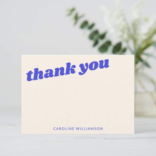 Modern Blue Retro Baby Shower Personalized Name Dankeskarte (Stehend Vorderseite)