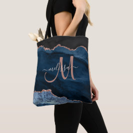 Modern Blue Rose Gold Glitzern Agate Monogram Name Tasche
