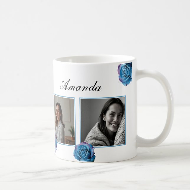 Modern Blue Rose Monogram Foto Collage Custom Mama Kaffeetasse (Rechts)