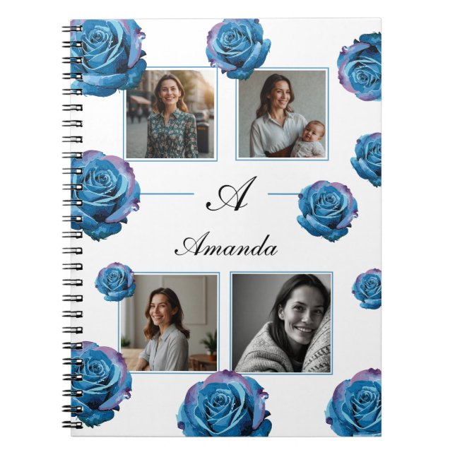 Modern Blue Rose Monogram Foto Collage Custom Mama Notizblock (Vorderseite)