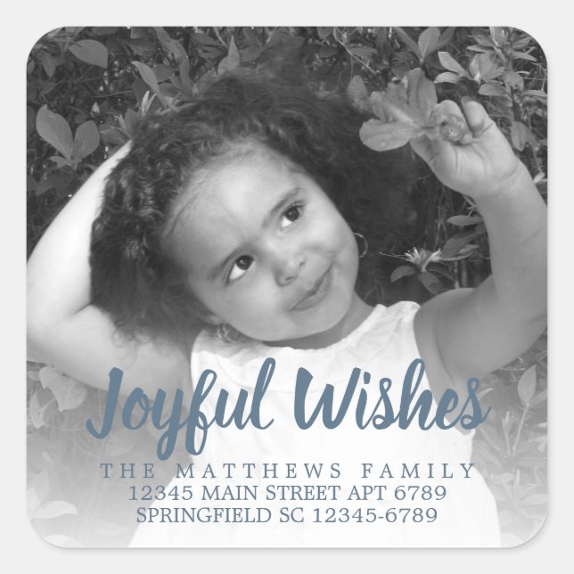 Modern Blue Rustic Joyful Wishs Foto Address Quadratischer Aufkleber (Vorderseite)