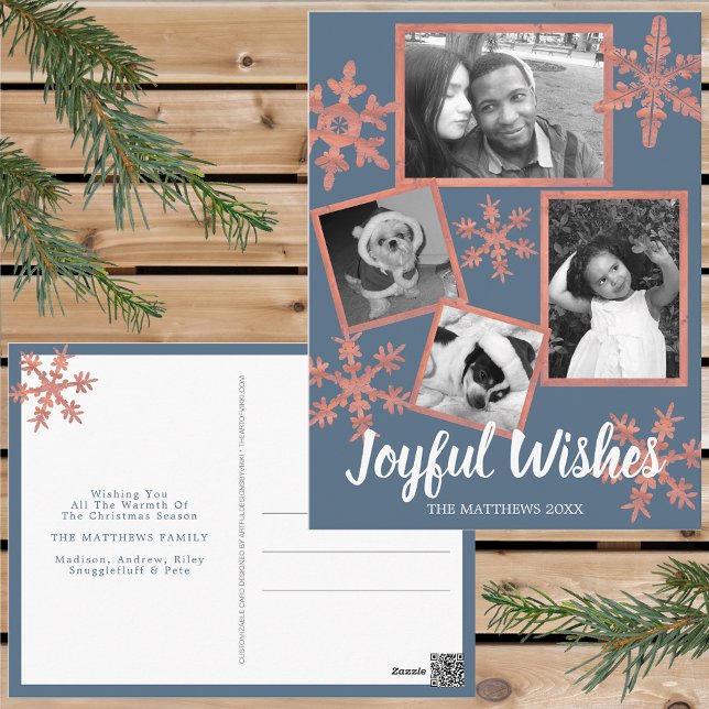 Modern Blue Rustic Snowflake 4 Foto Weihnachten Postkarte (Personalize these rustic snowflake holiday postcards for one of a kind Christmas cheer this year.)