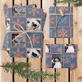 Modern Blue Rustic Snowflake Monogram Foto Geschenkpapier Set