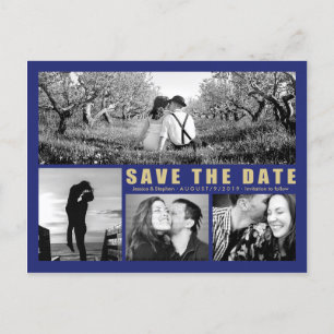 Modern Blue Save the Date Collage 4 Foto Postcard Ankündigungspostkarte