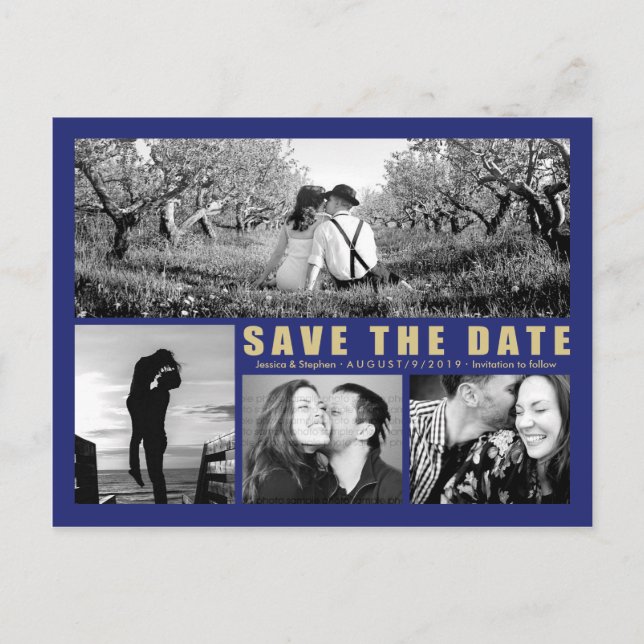 Modern Blue Save the Date Collage 4 Foto Postcard Ankündigungspostkarte (Vorderseite)