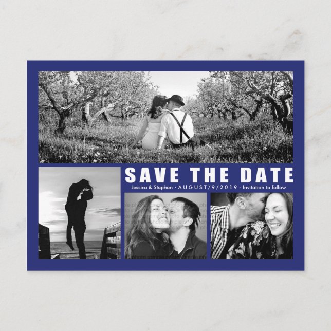 Modern Blue Save the Date Collage 4 Foto Postcard Ankündigungspostkarte (Vorderseite)