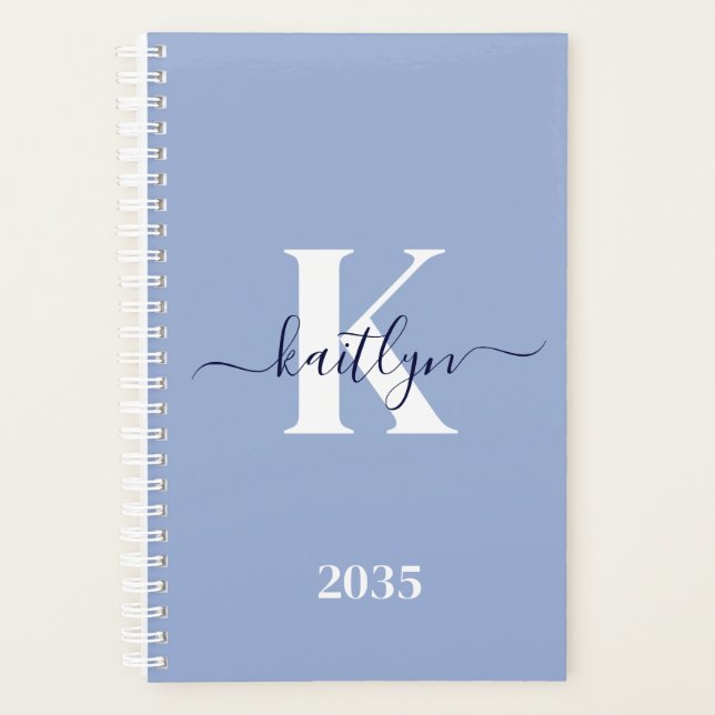 Modern Blue Script Monogram Planer (Vorderseite)