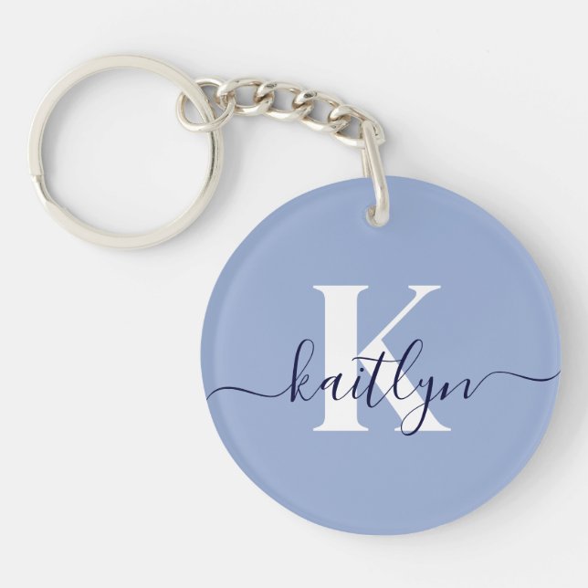 Modern Blue Script Monogram Schlüsselanhänger (Vorderseite)