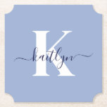 Modern Blue Script Monogram Untersetzer<br><div class="desc">Diese schlichten, eleganten hellblauen Ticketformate mit Ihrem Vornamen in einem trendigen Schriftart in Marineblau, der in einem modernen Schriftart mit weißer Kappe über Ihren ersten Start getippt wurde, sind ideal für den behalt von Tischen und Zählern, die frei von Wasserringen sind. Sie nehmen Tröpfchen auf, damit Sie sich keine Sorgen...</div>