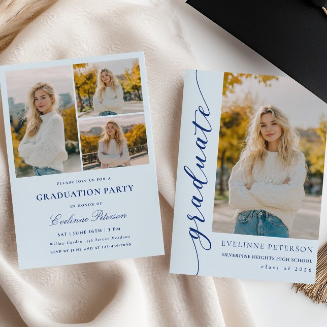 Modern Blue Script Photo Graduation Invitation Einladung (Von Creator hochgeladen)