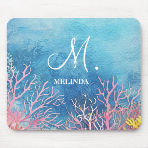Modern Blue Sea Motif Monogram Mousepad