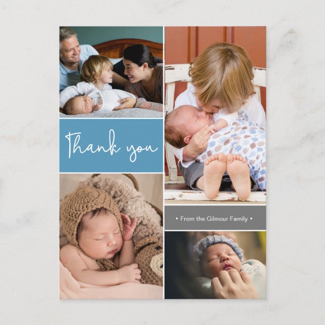 Modern Blue Second Baby Foto Collage Vielen Dank Postkarte (Vorderseite)