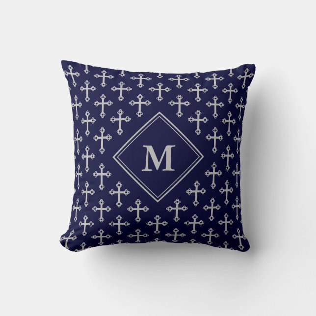 Modern Blue Silver Gray CROSS Monogram Kissen (Vorderseite)