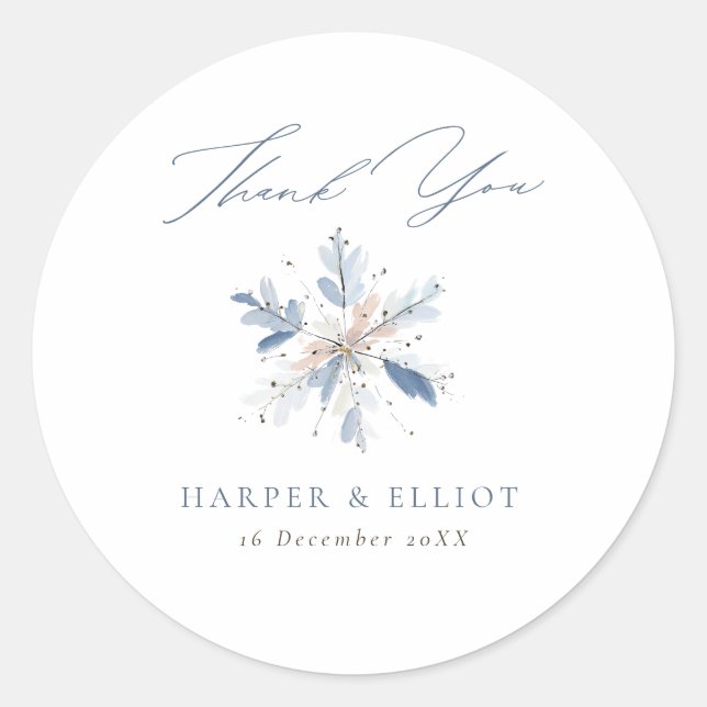 Modern Blue Snowflake Winter Wedding Danke Runder Aufkleber (Vorderseite)