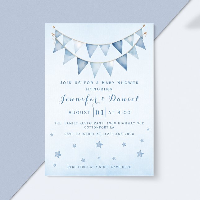 Modern Blue Starry Sky Baby Dusche Pennant Bunting Einladung (Von Creator hochgeladen)