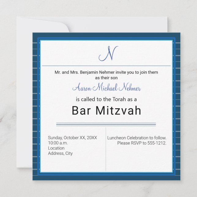 Modern Blue Strip Monogramm Bar Mitzvah Einladung (Vorderseite)