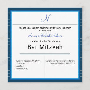Modern Blue Strip Monogramm Bar Mitzvah Einladung