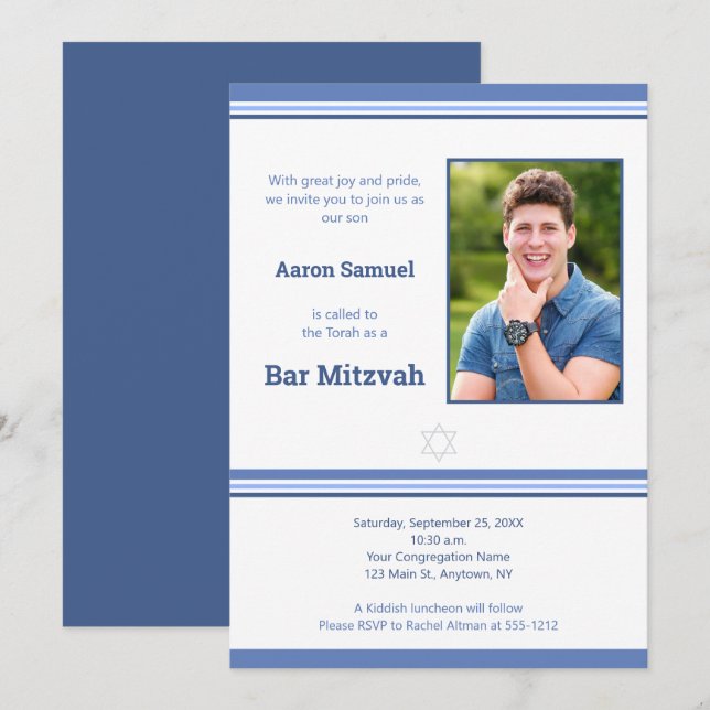 Modern Blue Stripe Bar Mitzvah Foto Einladung (Vorne/Hinten)