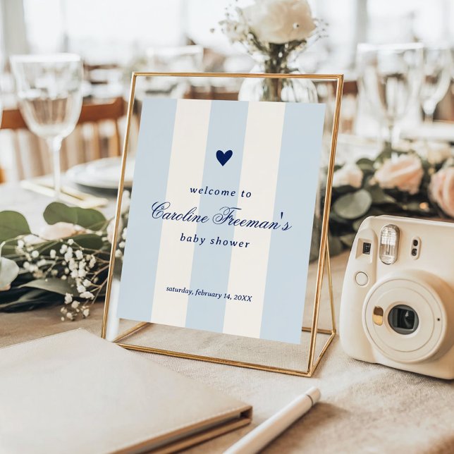 Modern Blue Stripe Heart Valentine Table Welcome Poster (Von Creator hochgeladen)
