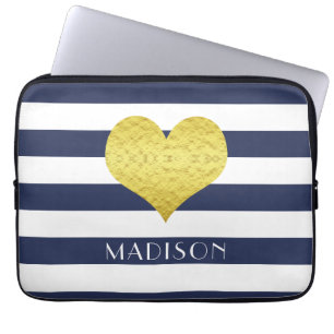Modern Blue Stripes Muster Gold Herz Laptopschutzhülle