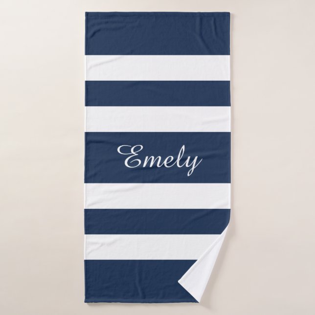 Modern Blue Stripes Script Badhandtuch Set (Badehandtuch)