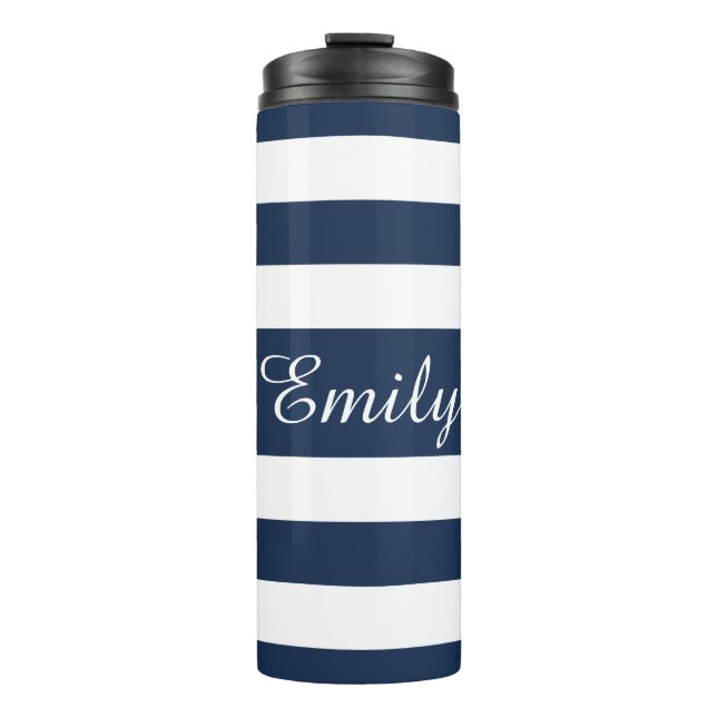 Modern Blue Stripes Script Thermosbecher (Vorderseite)