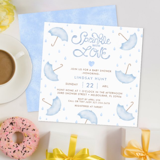 Modern Blue Typografy Baby Shower Einladung (Sprinkle of Love Baby Shower Theme)
