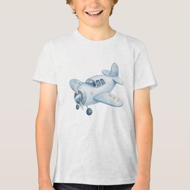 Modern Blue Watercolor Airplane Propeller Plane  Tri-Blend Shirt (Vorderseite)
