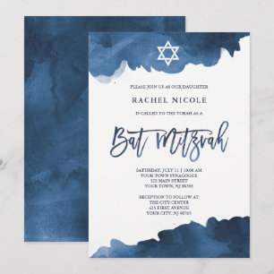 Modern Blue Watercolor  Bat Mitzvah Einladung