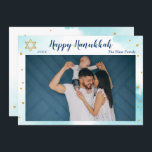 Modern Blue Watercolor Gold Happy Hanukkah Foto Feiertagskarte<br><div class="desc">Modern Blue Watercolor Gold Happy Hanukkah Foto Holiday Card</div>