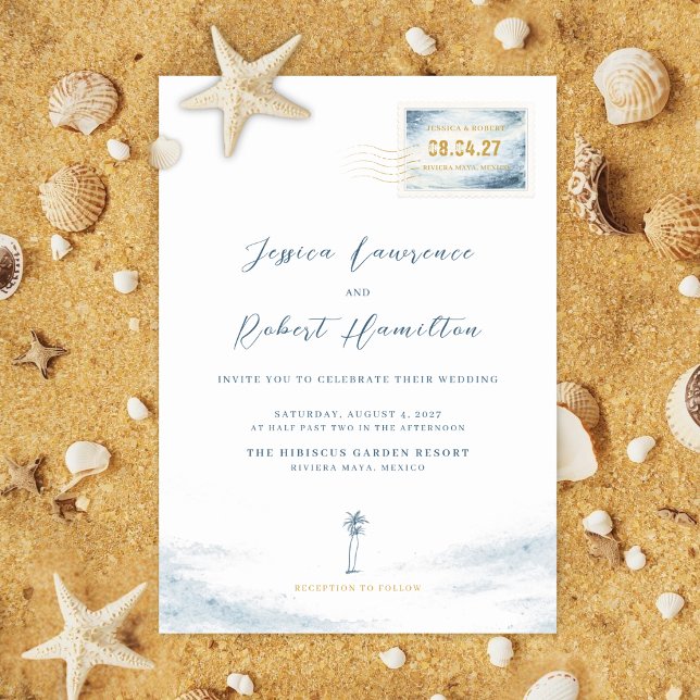 Modern Blue Watercolor Stamp Wedding Invitation Einladung (Destination Ocean Wedding Invitation and Details Card)